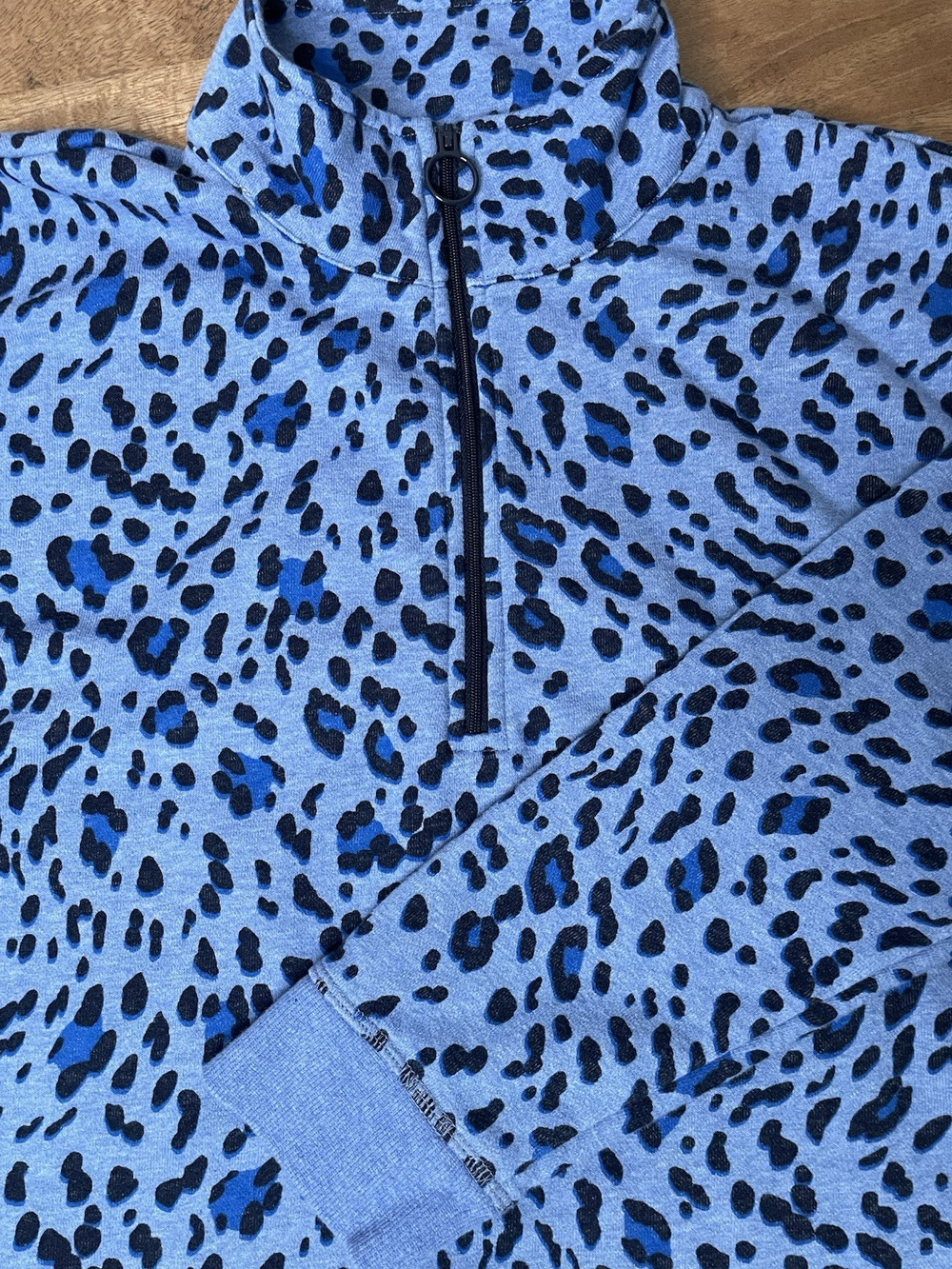 Talbots Women’s Medium Blue Leopard Print Quarter Zip Pullover Sweatshirt